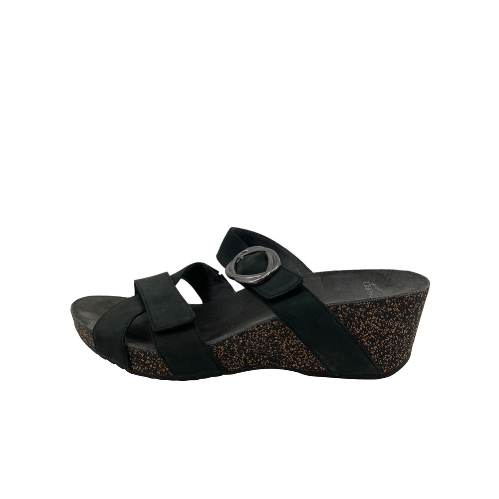 Dansko Susie Wedge Sandals Women‎ 42 Black Nubuck Leather Cork Platform Strappy